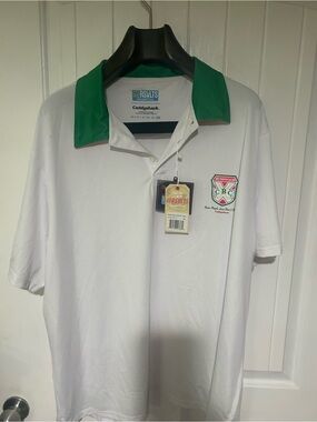 Men's Caddy Shack Bushwood Country White Polo Shirt with Green Collar